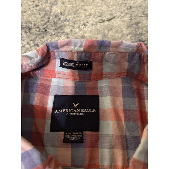 American Eagle Seriously Soft Plaid Long Sleeve Button Up Size XXL Red And Blue - Picture 4 of 5